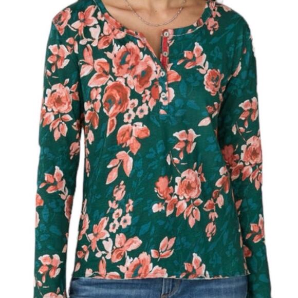 Sundance Rosey Delights Green Peachy Floral Cotton Henley Long Sleeve Top Large - Picture 2 of 8